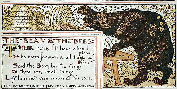 A Bears and bees, illustration by Walter Crane from Baby's Aesop," published in 1887 A Bears and bees, illustration by Walter Crane from Baby's Aesop," published in 1887