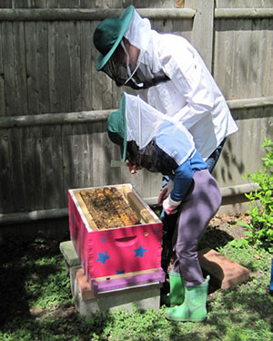 Jodi and her daughter with their newly hived nuc, May 2010. Jodi and her daughter with their newly hived nuc, May 2010.