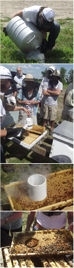 RIGHT, TOP TO BOTTOM: Preparing to test for hygienic behavior — pouring liquid nitrogen into the beaker; pouring the liquid nitrogen into the PVC testing tube; observing the liquid nitrogen in action; assessing the results of the test the next day. PHOTOS: PETER RICHARDSON